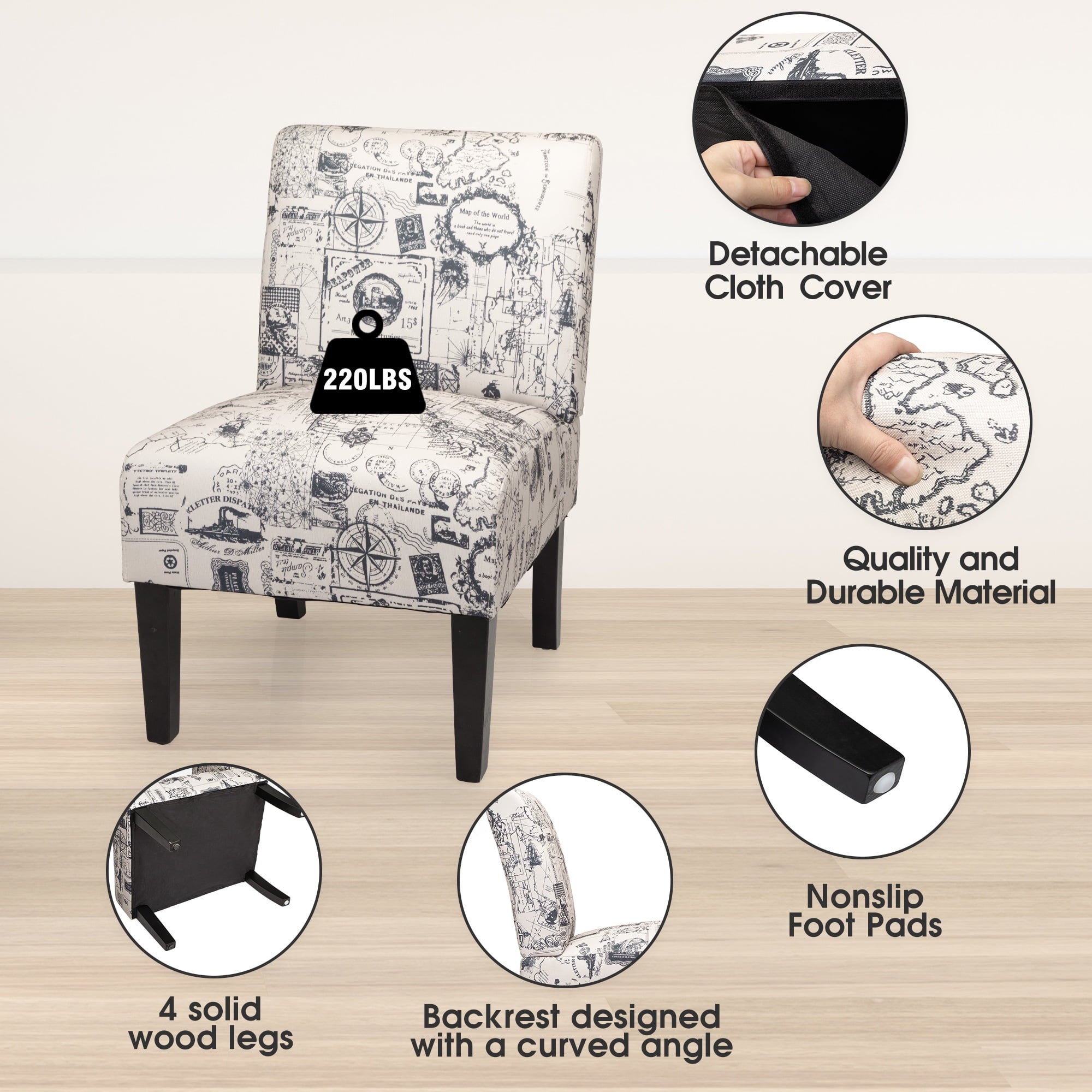 Jaxpety Armless Accent Leisure Chair, Slipper Chair Upholstered Single Sofa, Gray Letter Print