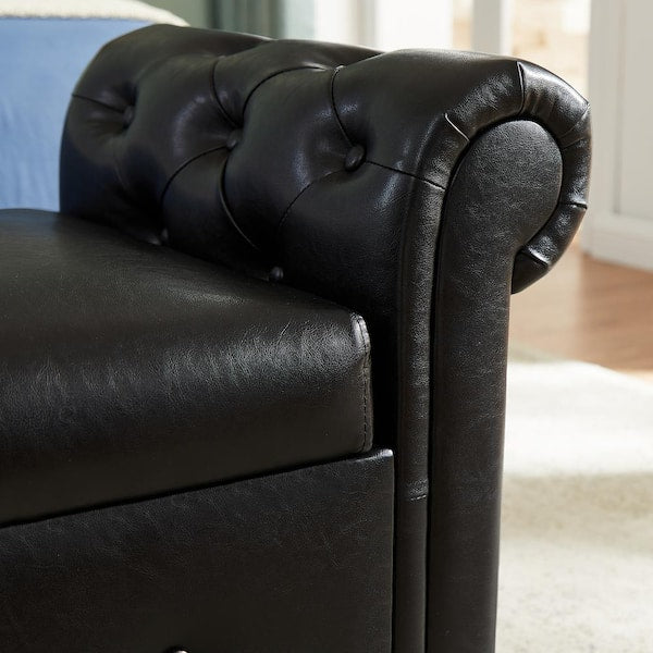Black PU Leather Storage Rectangular Footstool Tufted Ottoman