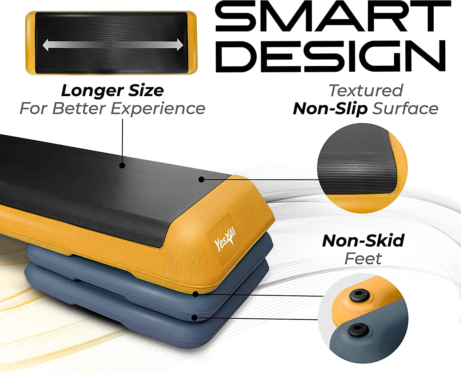 Yes4All Adjustable Aerobic Step Platform, 40 in x 16 in with 4 Risers, Yellow and Dark Blue