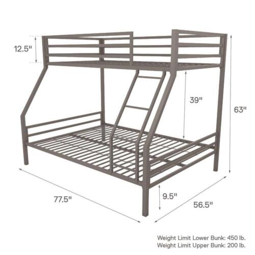 Novogratz Bunk Bed Twin-Over-Full Sturdy Attached Ladder Stainless Steel Gray