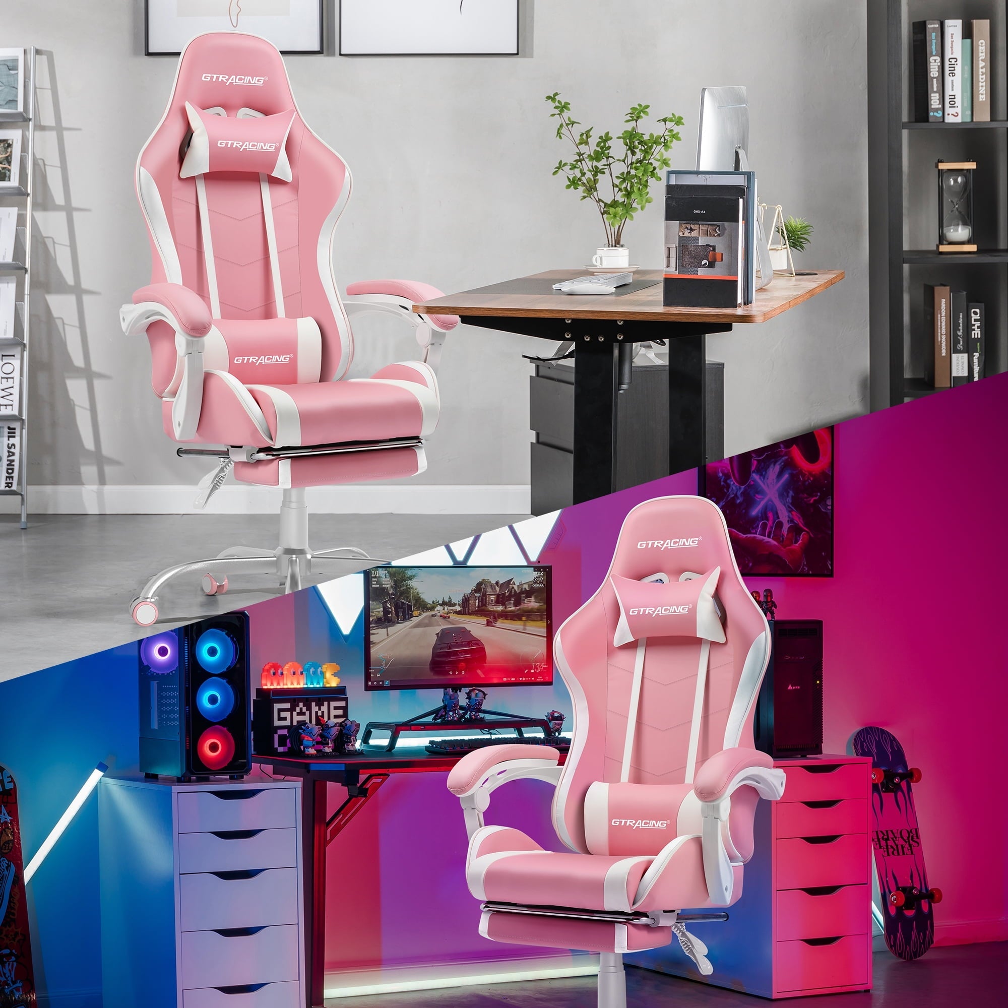 GTRACING Adjustable Height Reclining Office Gaming Chair with Footrest, Pink