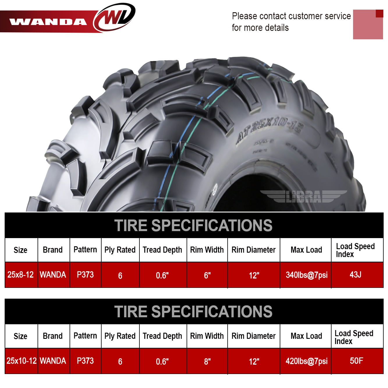 Wanda ATV/UTV Tires 25x8-12 Front & 25x10-12 Rear 6PR P373 - 10243/10244, Set 4