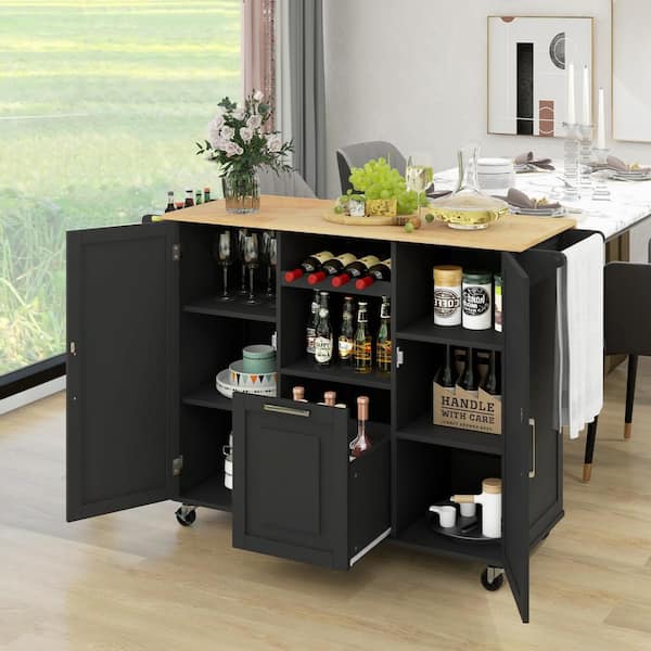 Black Wood Heavy Duty 51 in. Kitchen Island Cart with Drop-Leaf Countertop ad Towel Bar