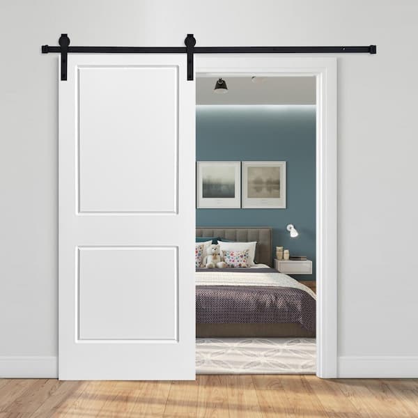 Modern 2-Panel Designed 96 in. x 42 in. MDF Panel White Painted Sliding Barn Door with Hardware Kit