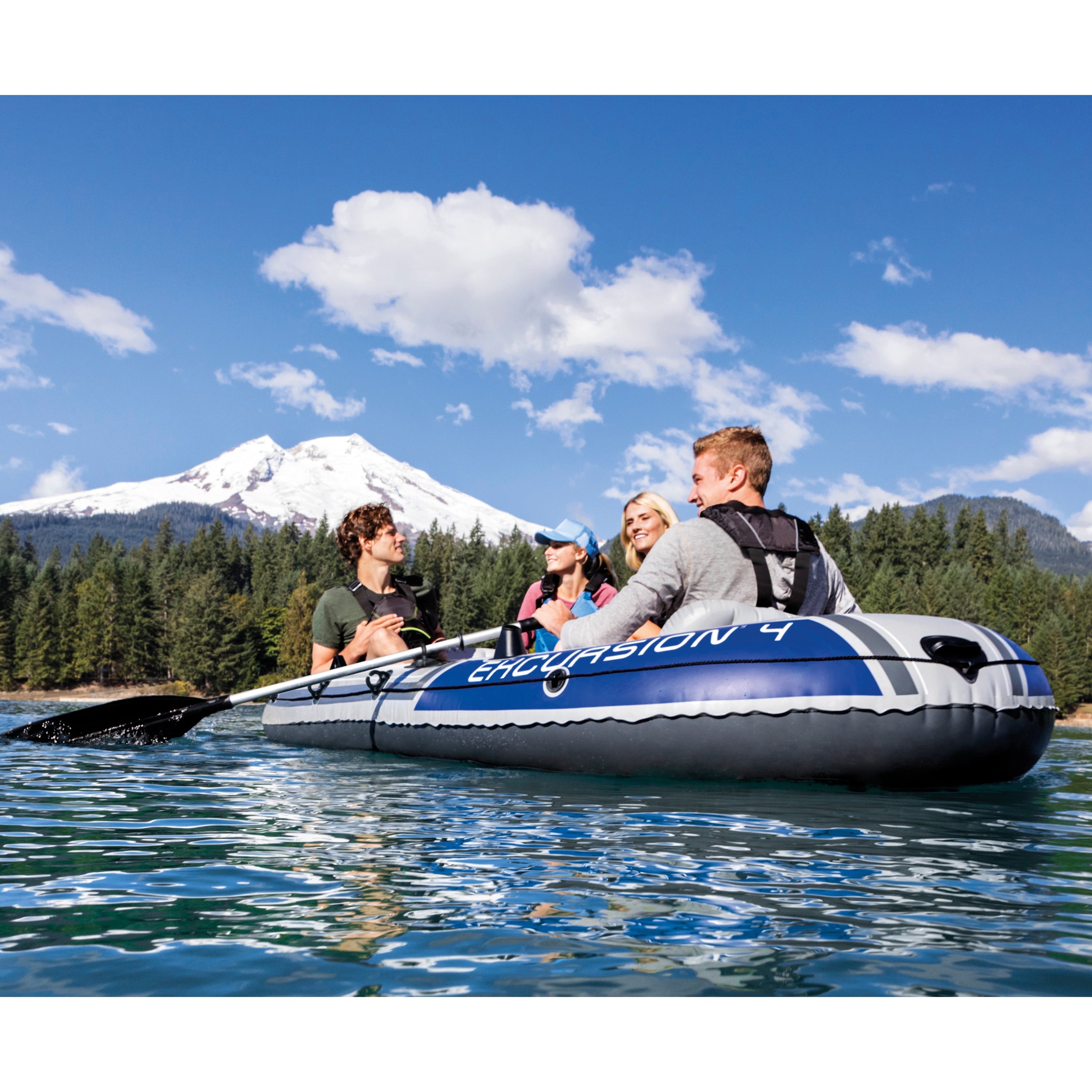 Intex Excursion 4 Person Inflatable Rafting and Fishing Boat Set with 2 Oars