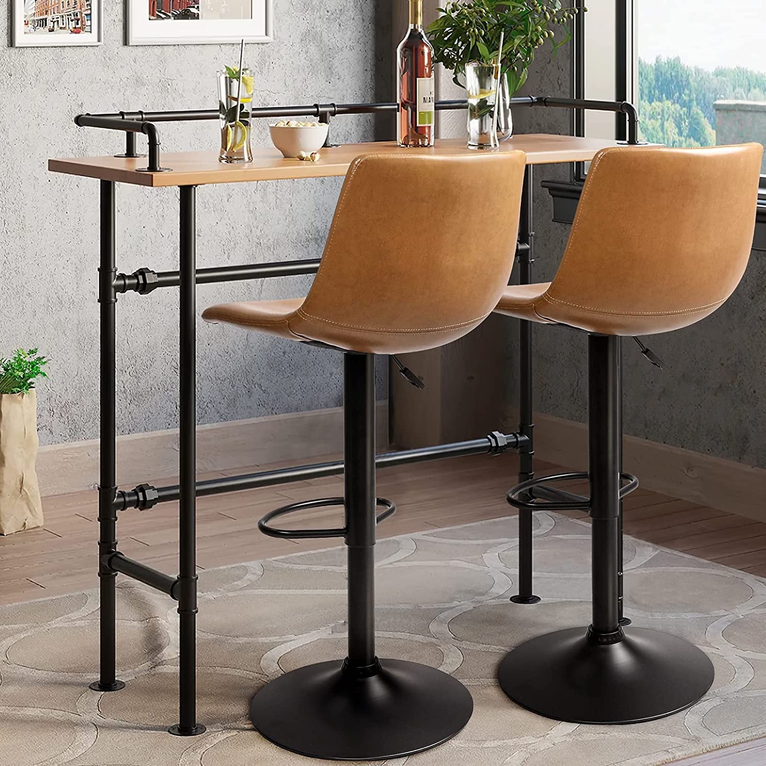 Waleaf Swivel Counter Height Bar Stools Set of 2,Adjustable PU Leather Dining Barstools with Footrest