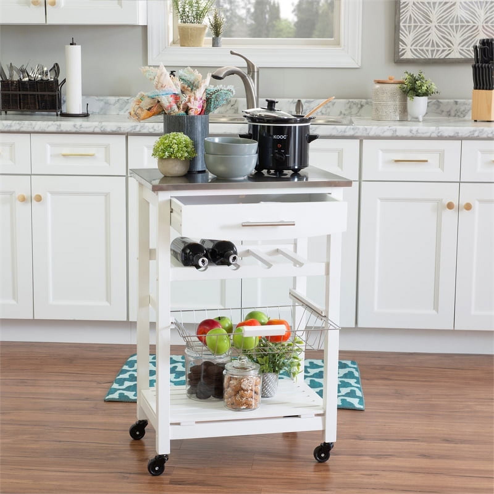 Riverbay Furniture Transitional Wood/Stainless Steel Kitchen Cart in White