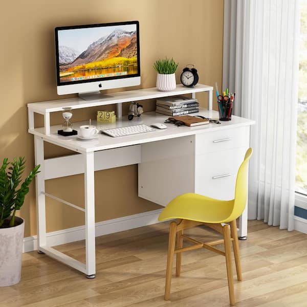 Harold 47 in. White Computer Desk with Hutch, Wood Modern Writing Desk with 2-Drawers Storage