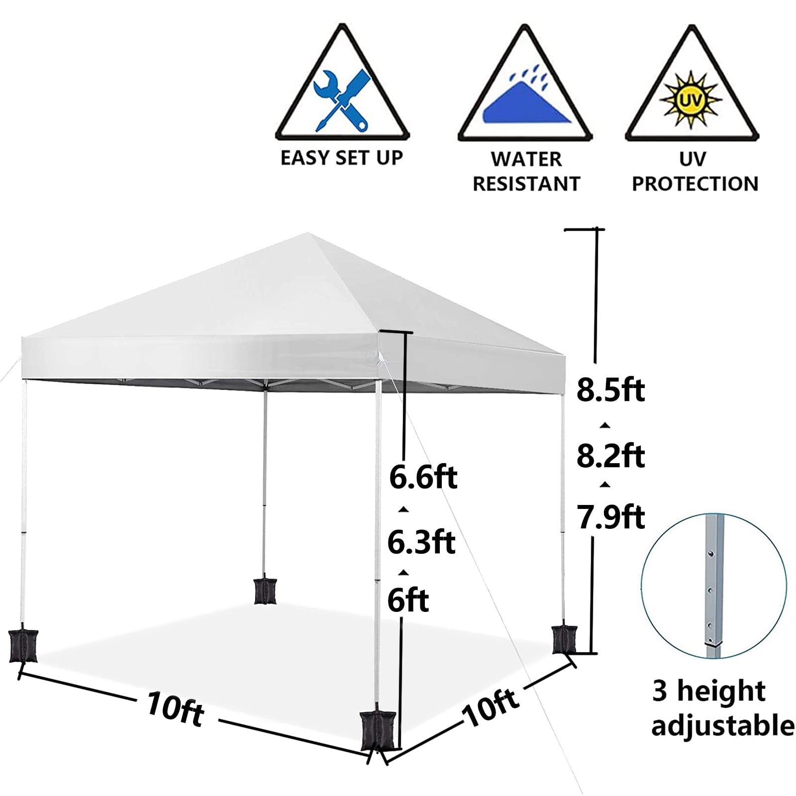 SUGIFT 10' x 10' Pop up Canopy Tent Instant Waterproof Folding Tent with 4 Sandbags, White