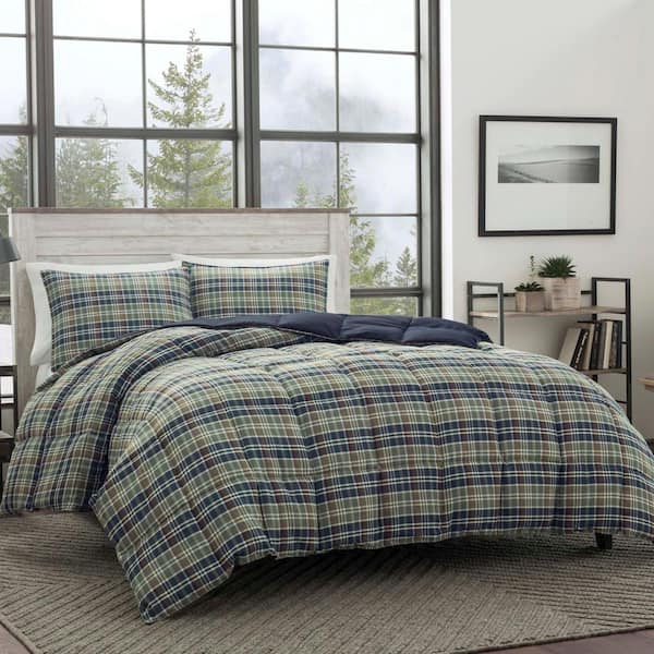 Rugged 3-Piece Navy Blue Plaid Microsuede Full/Queen Comforter Set