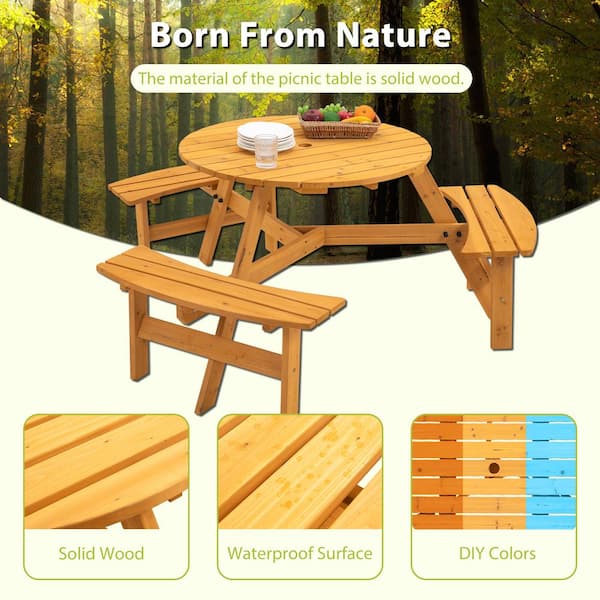 35 in. Brown Round Circular Solid Wood Picnic Table Seats 6-People with Umbrella Hole