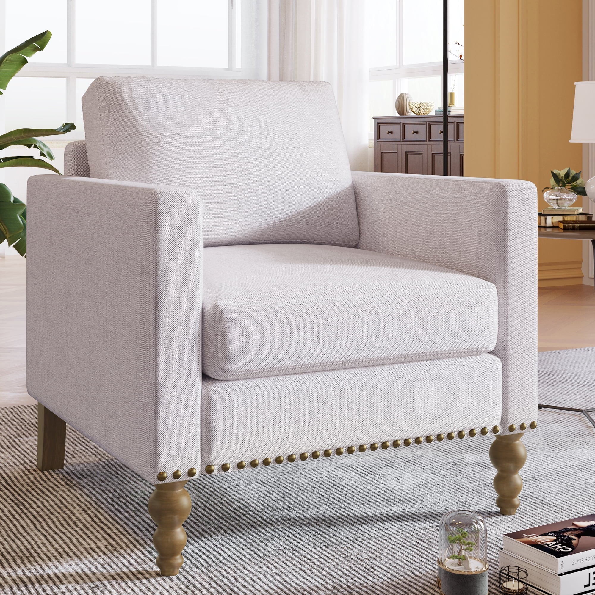 SYNGAR Accent Chair for Living Room, Bedroom Comfy Reading Armchair, Mid Century Modern Arm Chair Soft Linen Upholstered Cozy Side Single Sofa Chair Nailhead Trim Decor Relaxing Seating, Beige