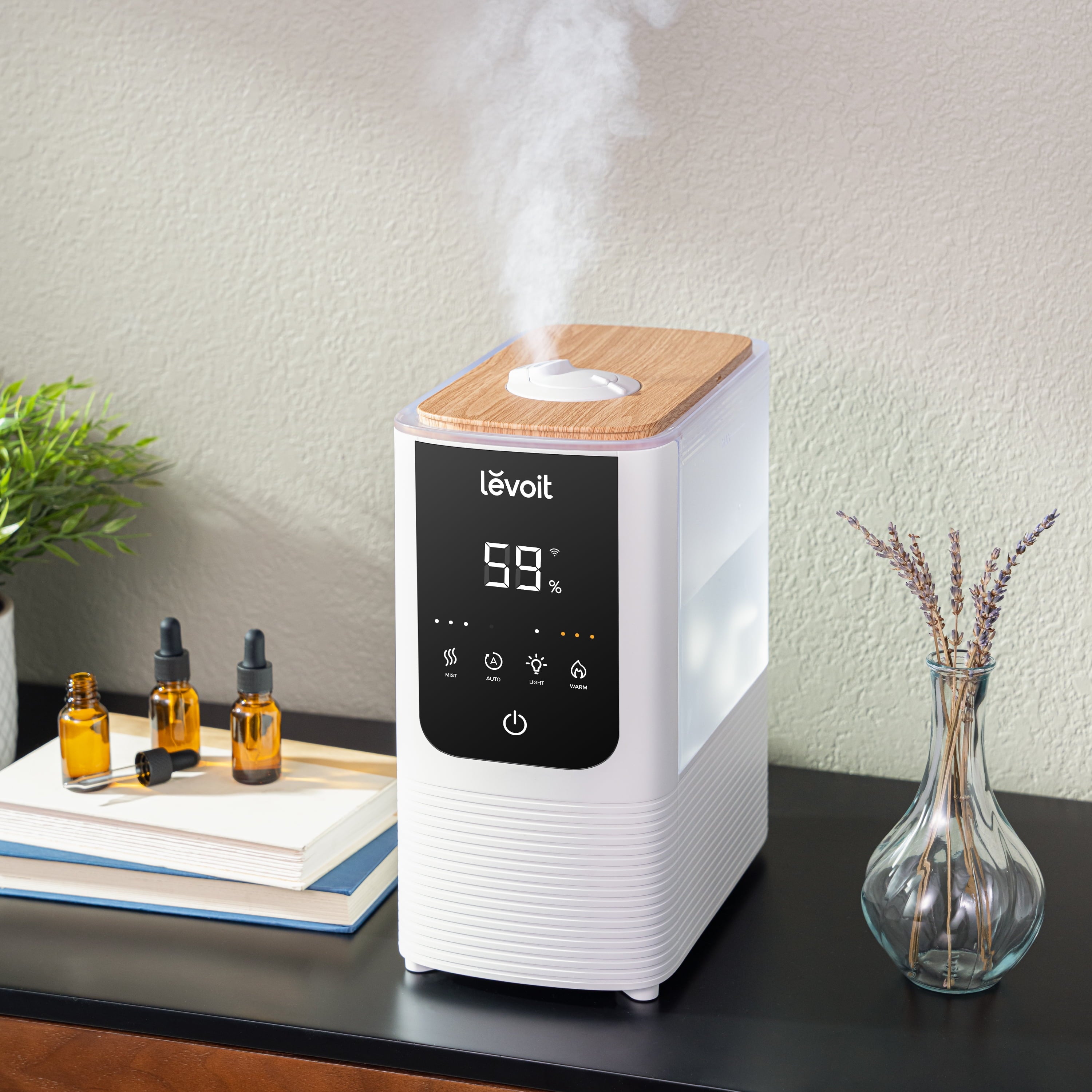 Levoit Smart Cool and Warm Mist Top Fill Humidifier with Aromatherapy, 4.5L, OasisMist LV450S, Wood