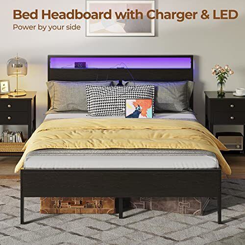 Rolanstar Bed Frame with Charging Station Queen Bed with LED Lights Headboard...