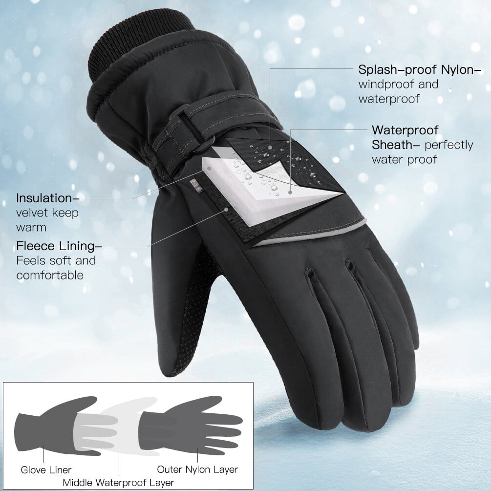 Vbiger Kids Ski Snow Gloves Boys Girls Warm Winter Gloves Kids Waterproof Windproof Thermal Fleece Anti Slip Mittens with Grip for Skiing Sledding Cycling & Snowboarding - Black &S