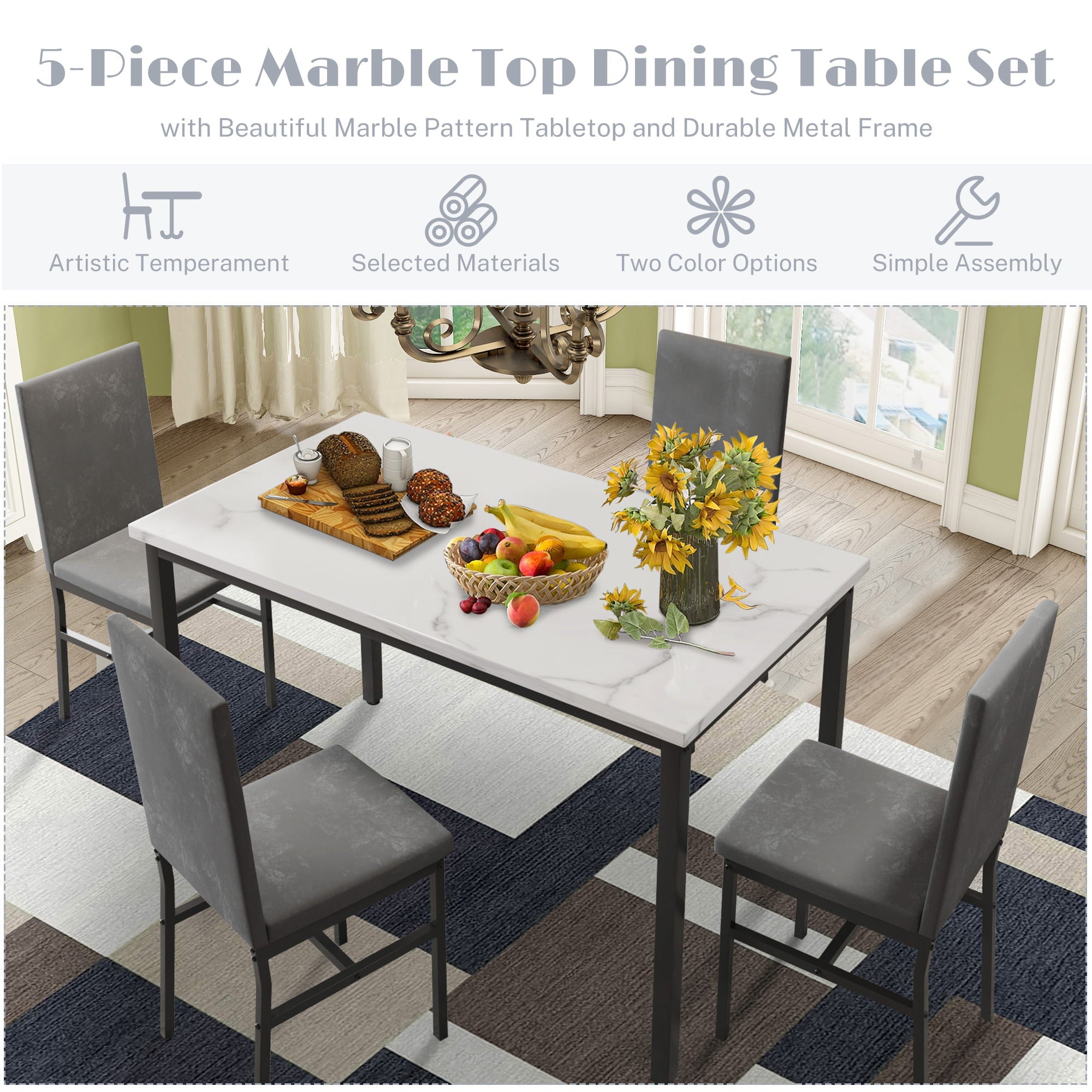 Paproos Dining Table Set for 4, Modern 5-Piece Kitchen Table Set with Marble Top and Velvet Upholstery Chairs, Heavy Duty Dinette Sets for Breakfast Nook, Dining Room Table and Chairs, Gray