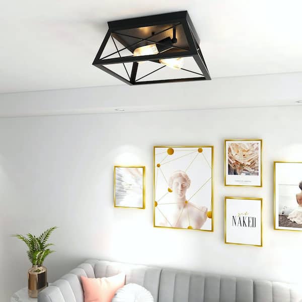 2-Light Matte Black Farmhouse Caged Square Ceiling Light Flush Mount for Hallway Bedroom Kitchen