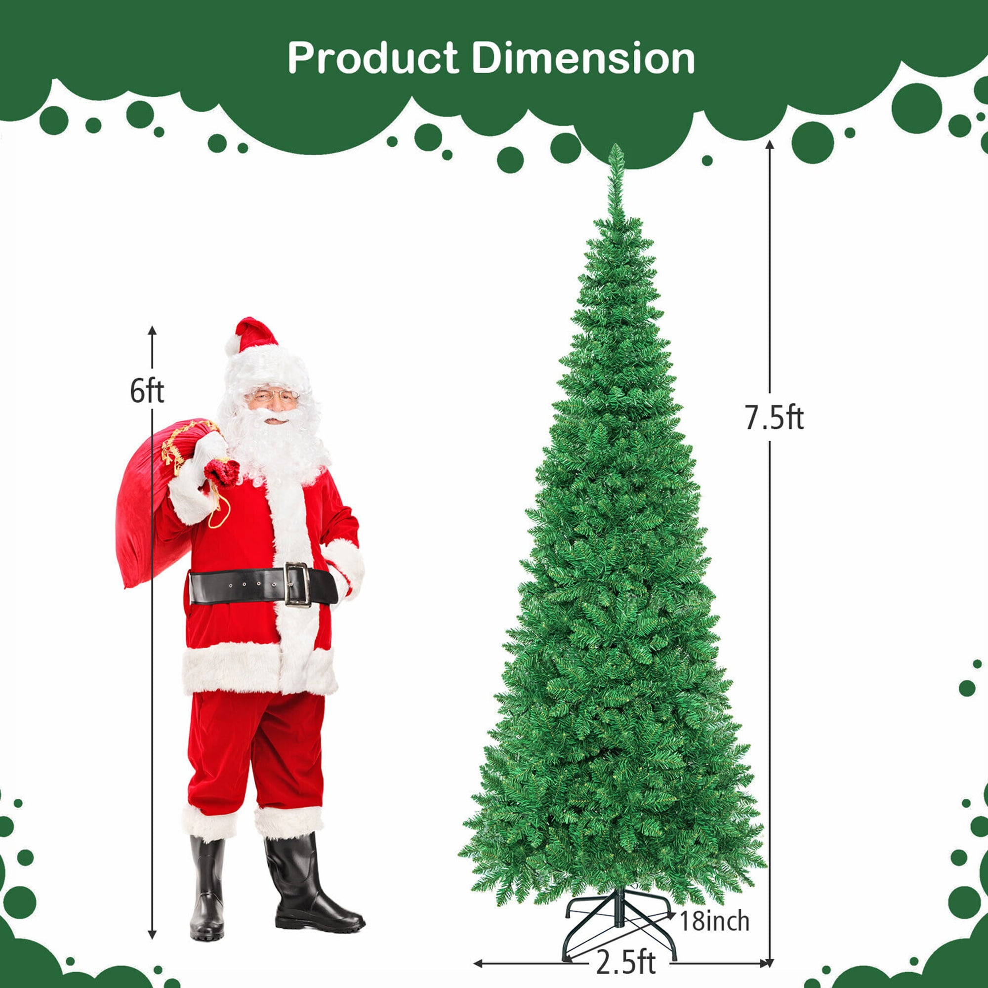 Gymax 7.5ft Pre-Lit Pencil Christmas Tree Hinged PVC Tree w/ 350 Colorful LED Lights