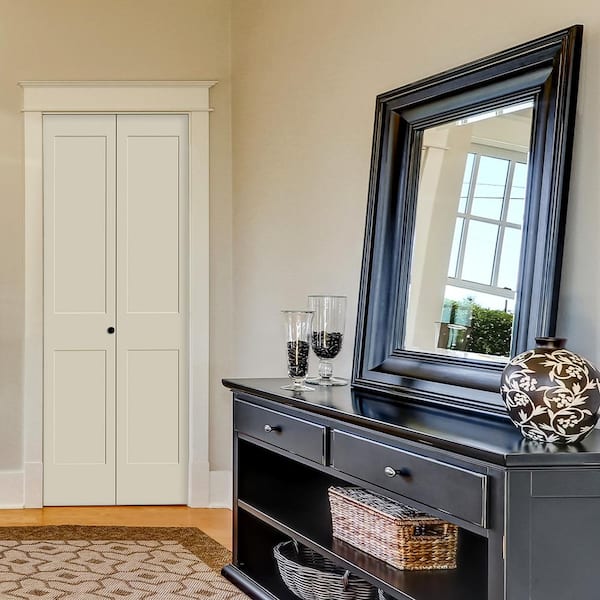 24 in. x 80 in. Solid Wood Primed White Unfinished MDF 2-Panel Shaker Bi-Fold Door with Hardware