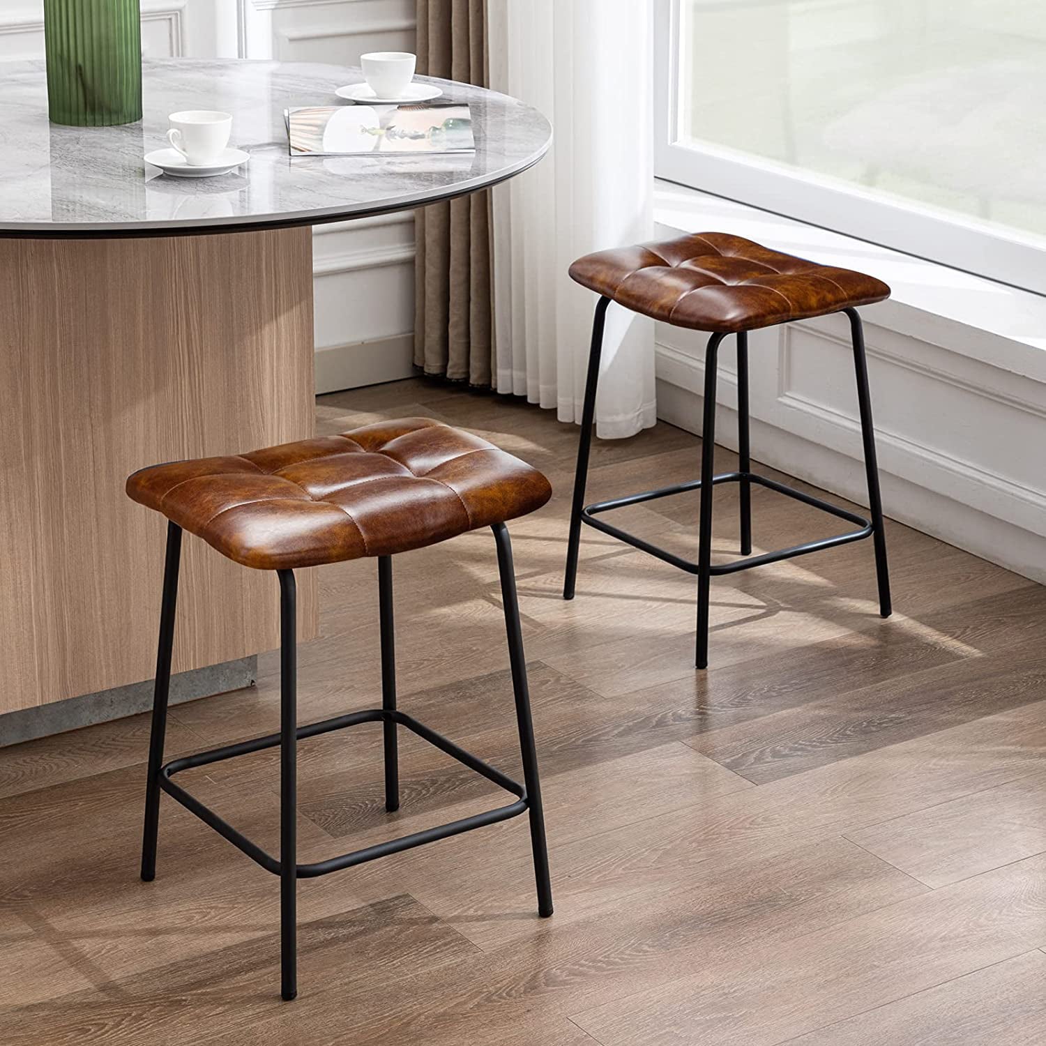 Duhome Counter Height Bar Stools Set of 2, Faux Leather Kitchen Counter Stools with Metal Legs Backless Upholstered, Yellowish Brown