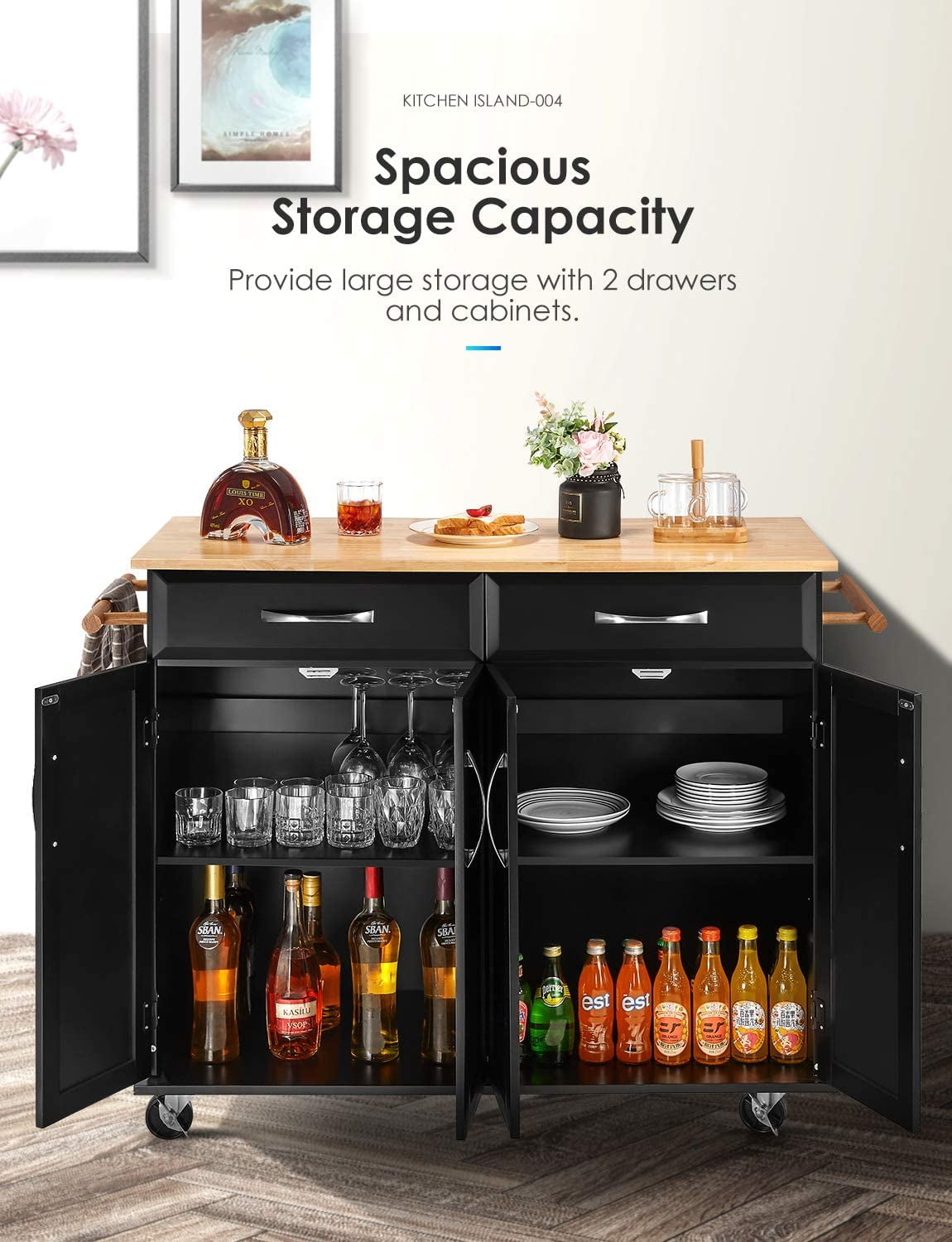 Homfa Kitchen Island on Wheels, Rolling Island Cart with Lockable Casters, Handle Towel Rack and 2 Drawers, Black