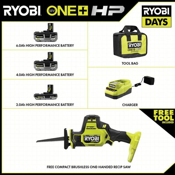 ONE+ 18V Lithium-Ion 2.0 Ah, 4.0 Ah, and 6.0 Ah HIGH PERFORMANCE Batteries and Charger Kit w/ HP Brushless Recip Saw