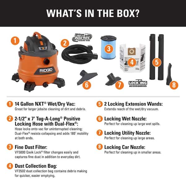 14 Gallon 6.0 Peak HP NXT Wet/Dry Shop Vacuum with Fine Dust Filter, Dust Bags, Locking Hose and Accessories