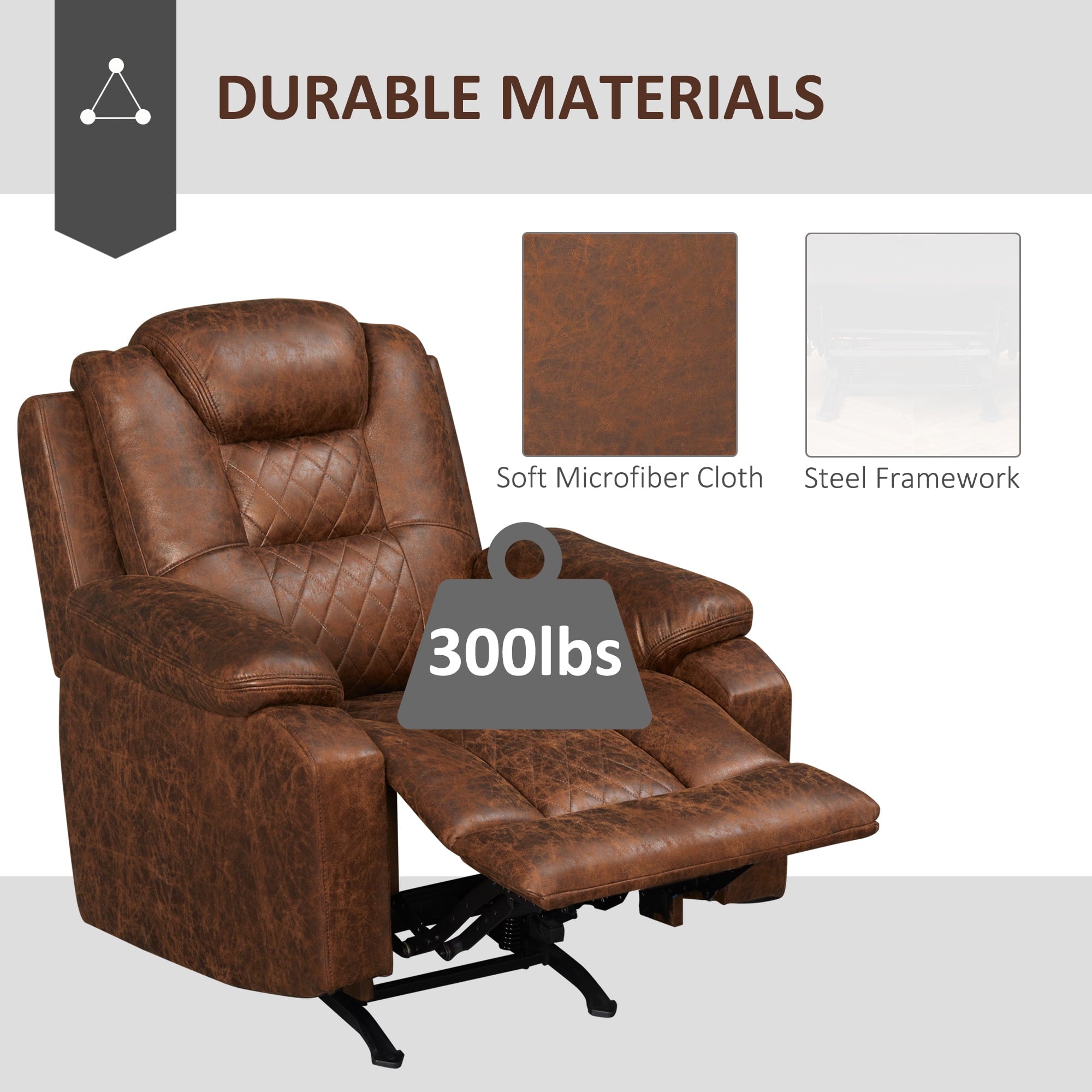 HOMCOM Overstuffed Manual Recliner Chair with Thick Sponge Padded Headrest and Armrest, and Rocking Function, Brown