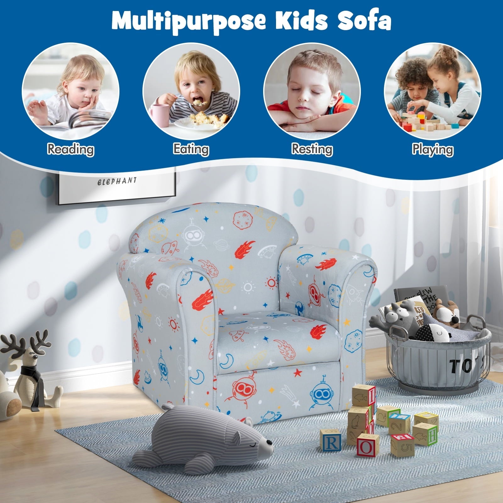 Infans Kids Sofa Toddler Upholstered Armrest Chair w/Solid Wooden Frame Gray