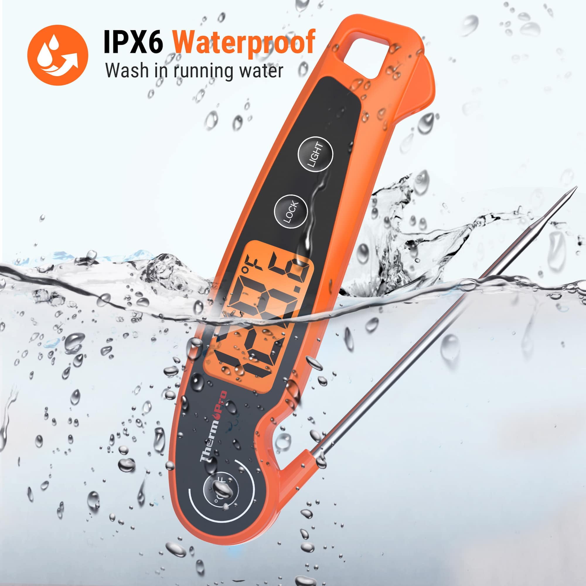 ThermoPro TP605W Instant Read Meat Thermometer for Cooking, Waterproof Digital Food Thermometer with Large Backlit LCD, 180° Foldaway Probe Kitchen Thermometer for Grilling, Smoking & Candy Making