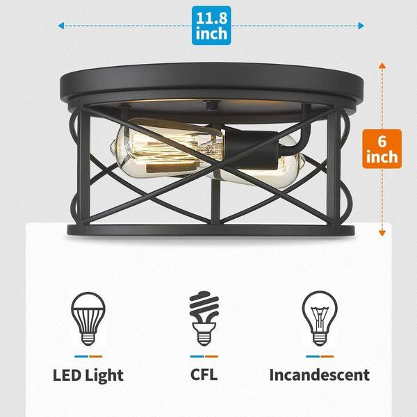 11.8 in. 2-Light Black Finish Farmhouse Ceiling Flush Mount Light Fixture