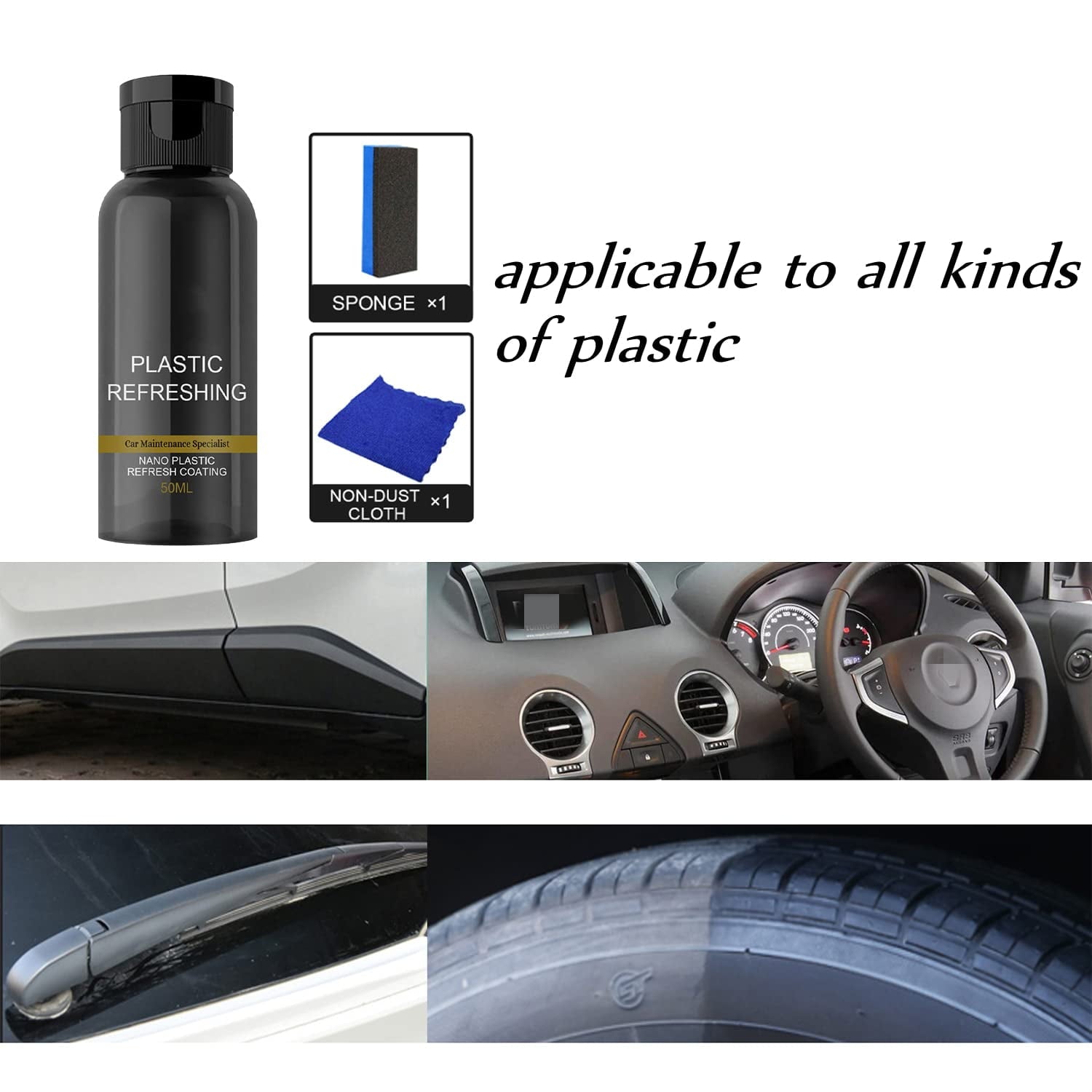 Car Cleaning Kit Plastic Revitalizing Coating Agent, Nano Plastic Refreshing Coating, Plastic Parts Refurbish Agent for Car - Car Care Tools with Sponge and Towel (30ml*1pcs)