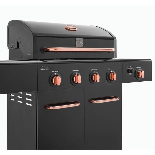 4-Burner Propane Gas Grill with Side Searing Burner in Black with Copper Accent