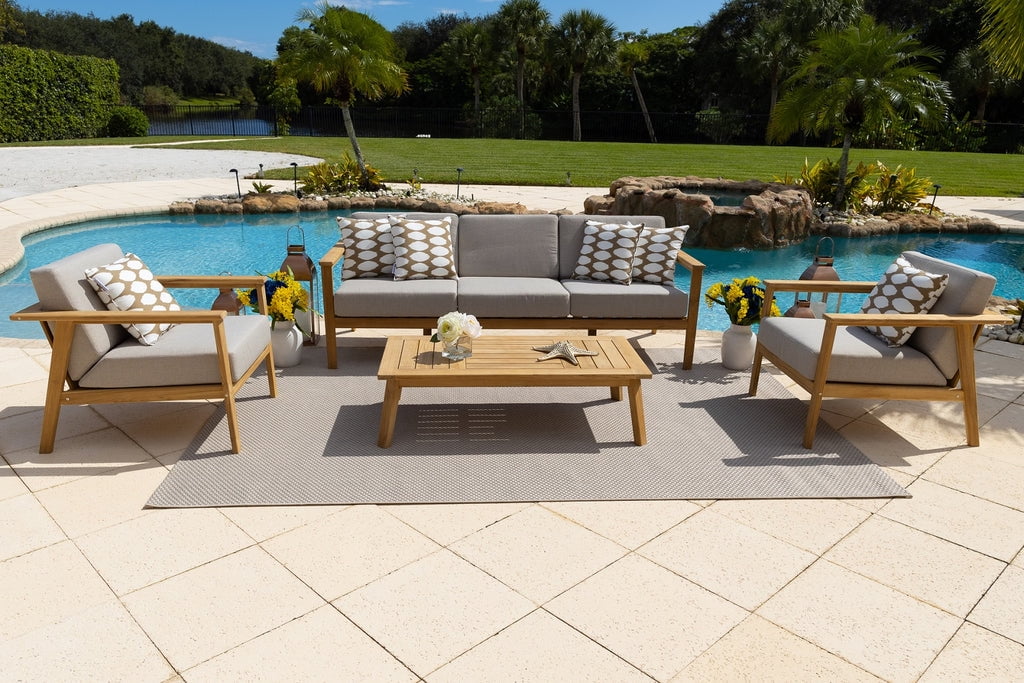 Laguna 4-Piece Eucalyptus Wood Outdoor Patio Conversation Sofa Set w/Three-Seat Sofa, Two Armchairs and Coffee Table