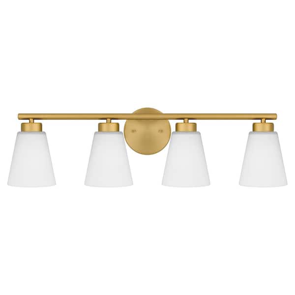 Eastburn 28.13 in. 4-Light Gold Vanity Light with Frosted Glass Shades