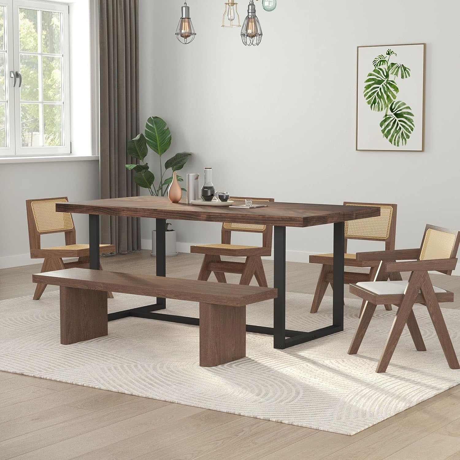 ChVans 72 inch Modern Farmhouse Solid Wood Dining Table for 6 to 8, Rectangular Kitchen and Dining Table with Metal Frame, Rustic Breakfast Table for Living, Dining Room(Brown+Pattern-72 in Dining Table)