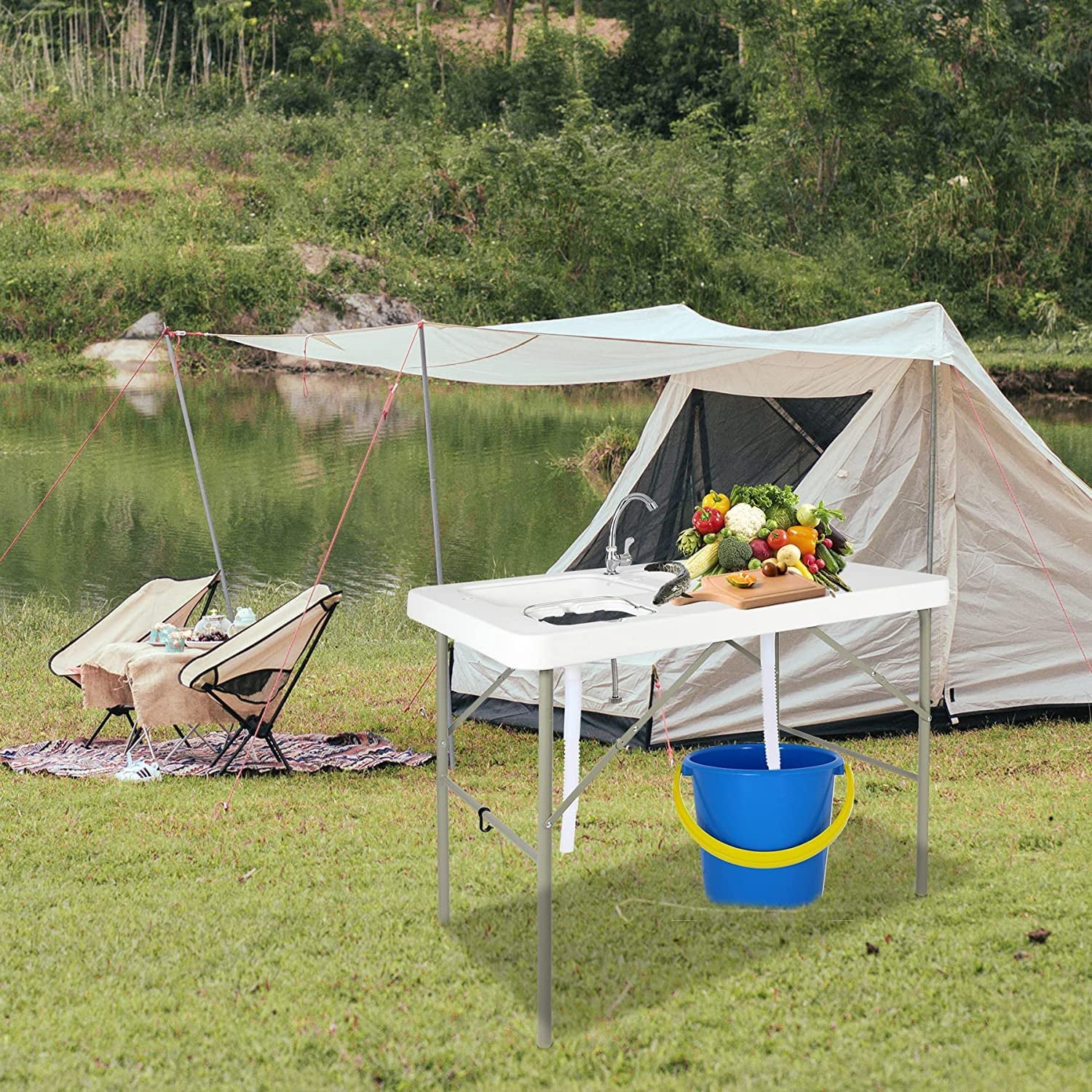 Folding Fish Cleaning Table, Outdoor Camping Sink Station with Sink & Faucet Drainage Hoses, Portable Camping Sink Table for Beach Fishing Patio Picnic