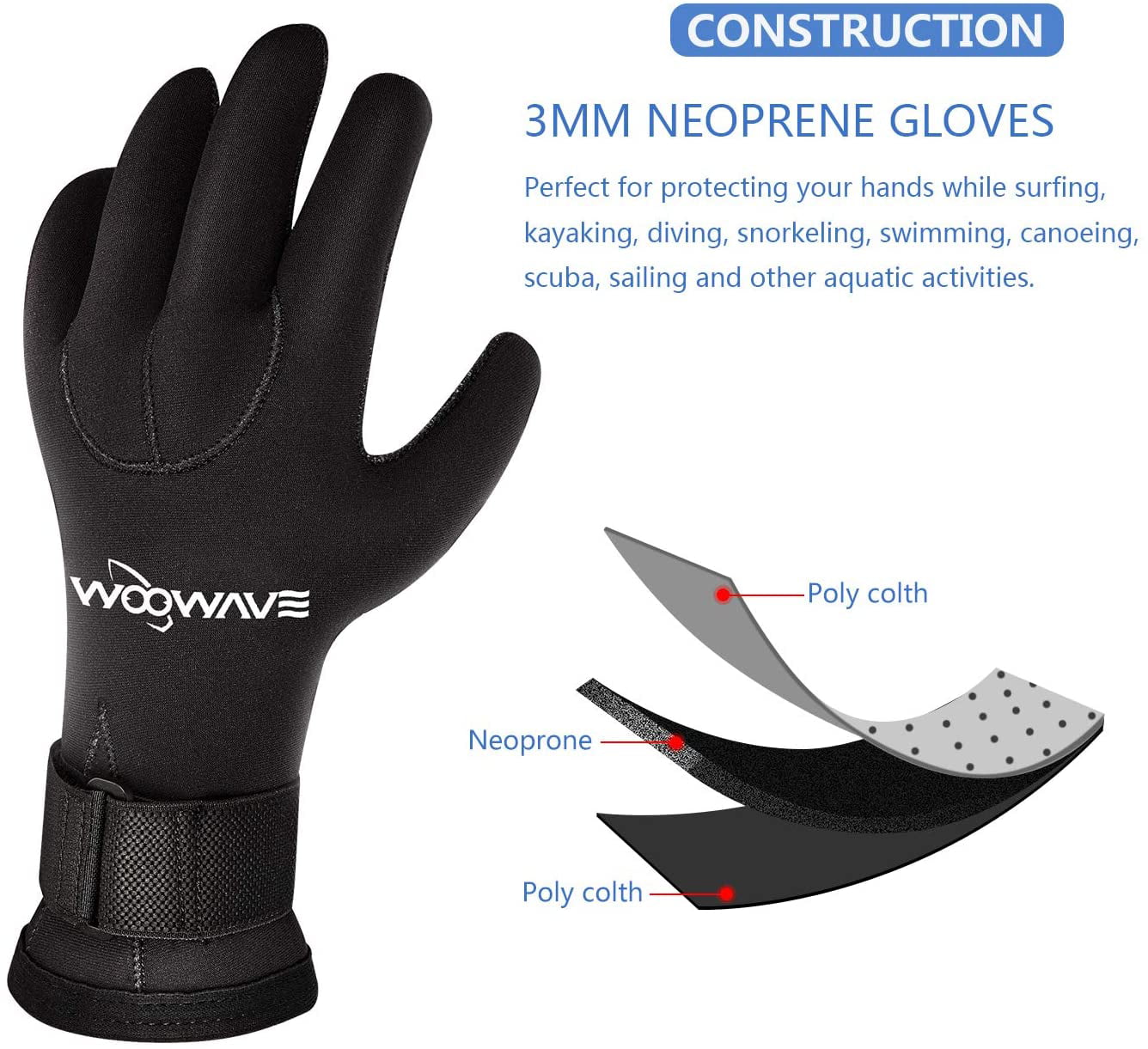 WOOWAVE Diving Gloves 3mm Unisex Black Neoprene Gloves , S
