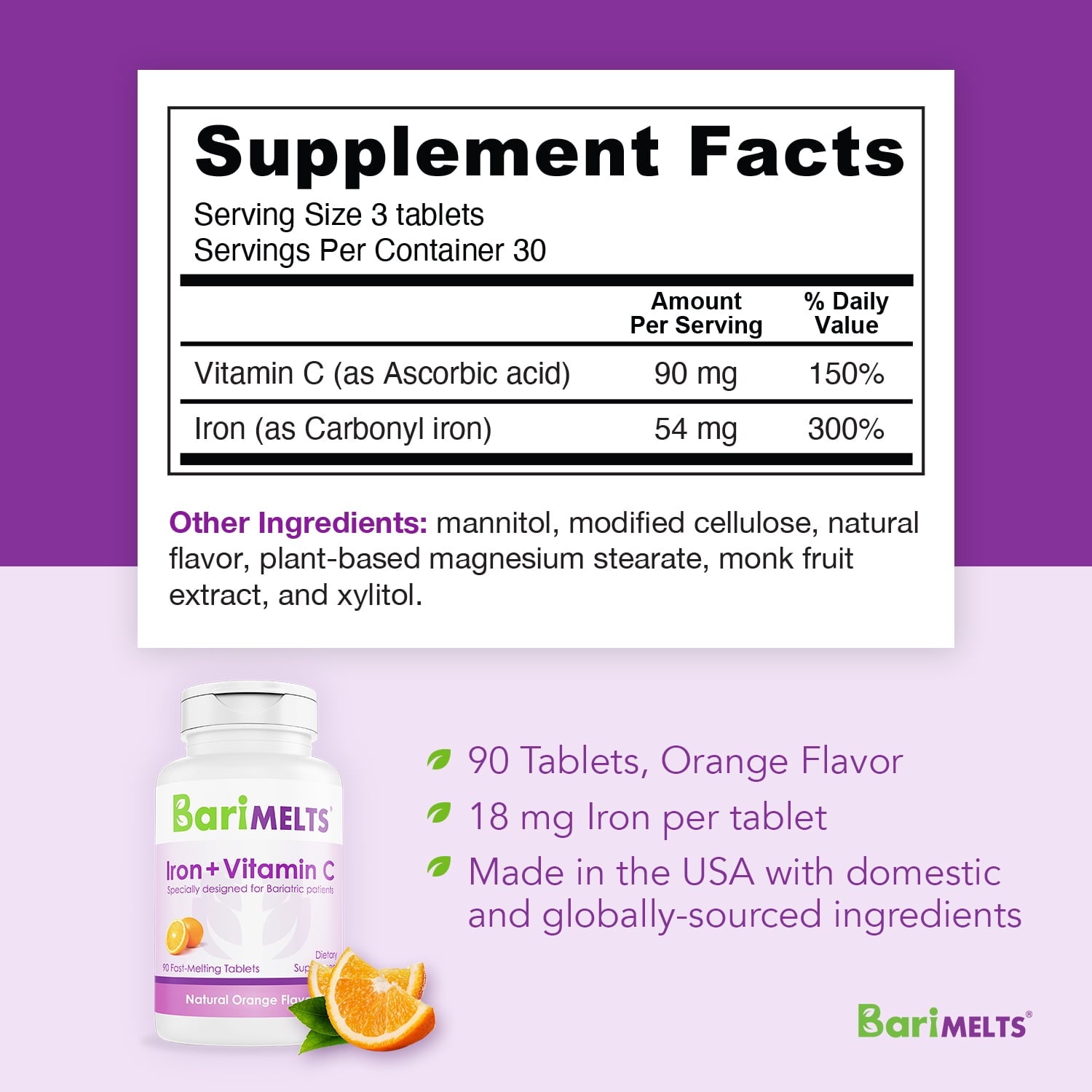 BariMelts Iron + Vitamin C, Dissolvable Bariatric Vitamins, Natural Orange Flavor, 90 Fast Melting Tablets