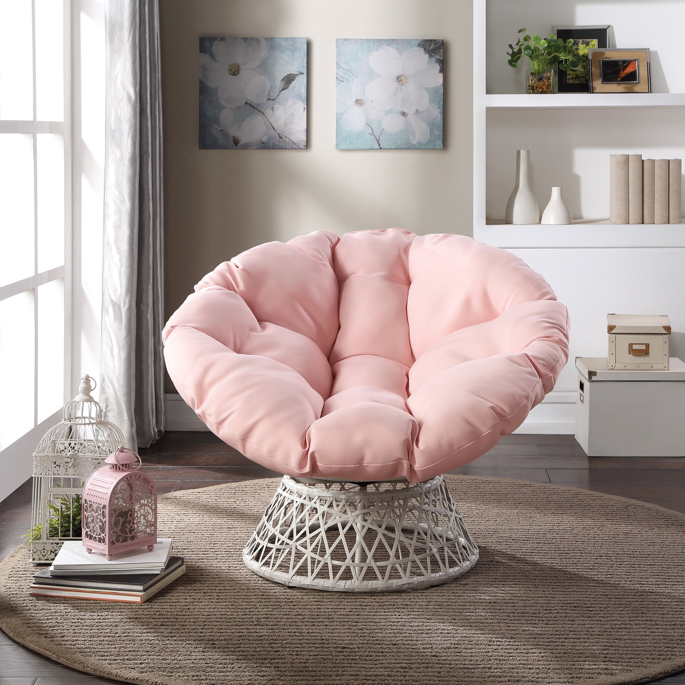 OSP Home Furnishings Specialty Seating Series Papasan Chair, Cream Wicker Weave with Pink Round Pillow Cushion