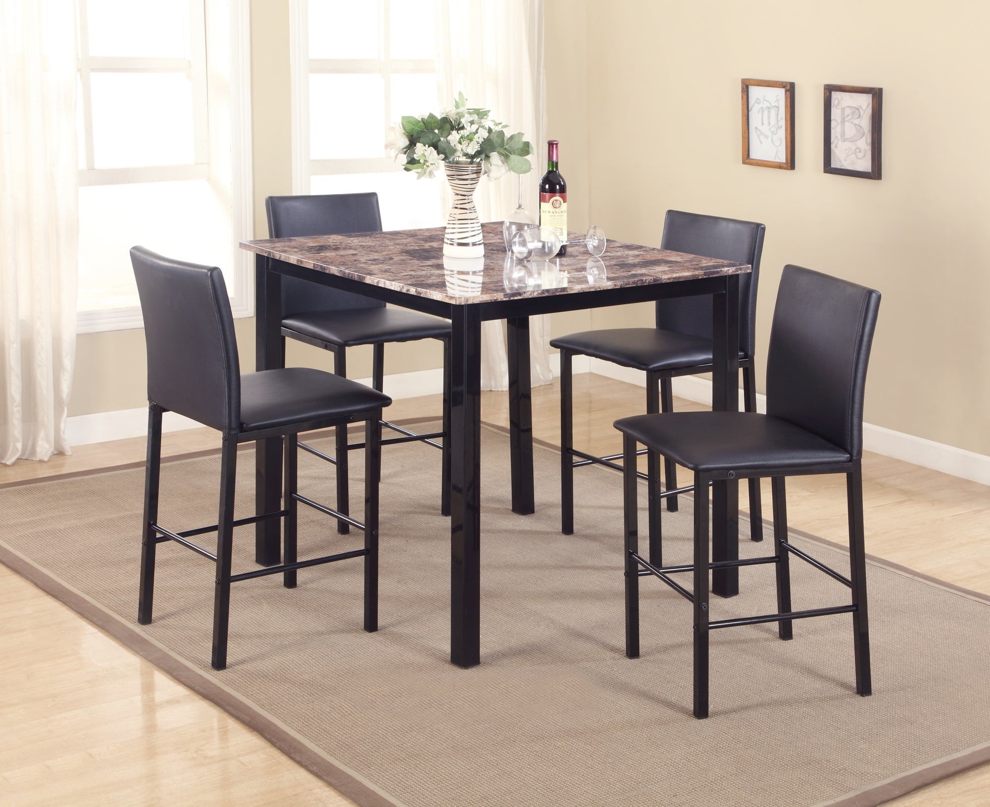 Roundhill Citico Metal Counter Height Dining Table with Laminated Faux Marble Top, Black