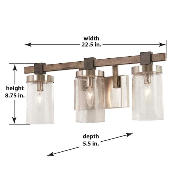 Bridlewood 3-Light Stone Grey with Brushed Nickel Bath Light with Clear Seedy Glass