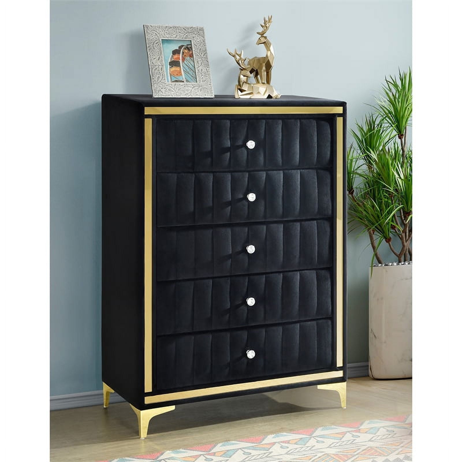 Better Home Products Monique Velvet Upholstered 5-Drawer Chest in Black