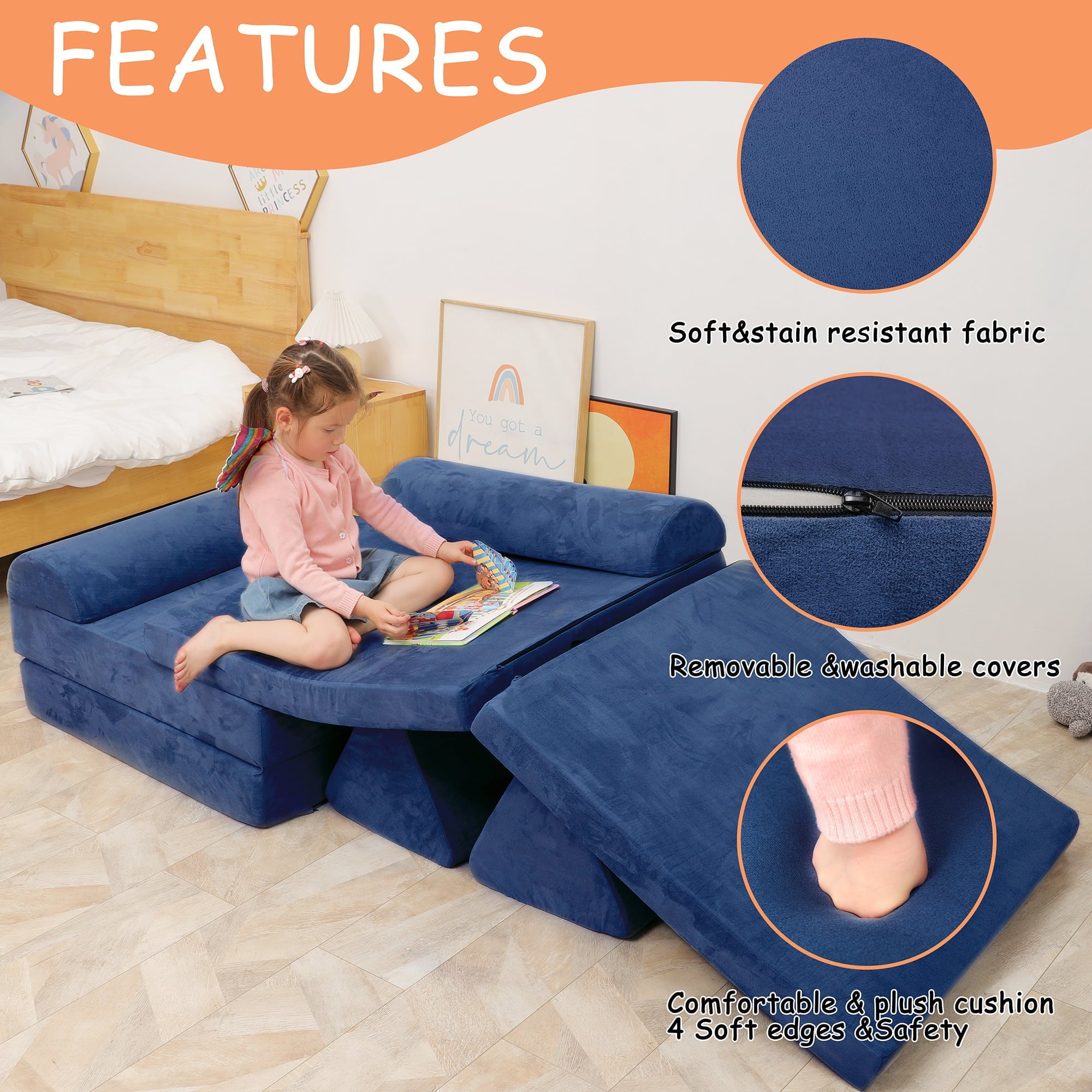 Tolead Play Couch for Kids Imaginative Furniture,6 pcs Kids Couch, Modular Sectional Sofa, Playhouse Play Set for Toddlers Babies, Girls and Boys Playroom Floor Sofa, Large, Navy Blue