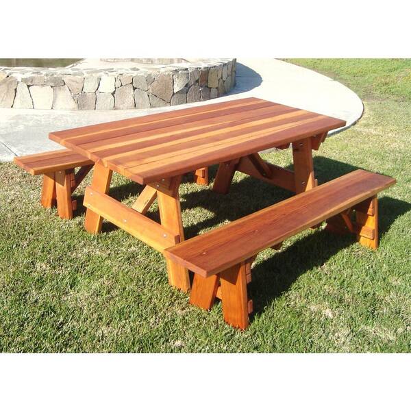 Outdoor 1905 Super Deck Finished 6 ft. Redwood Picnic Table with Separate Benches
