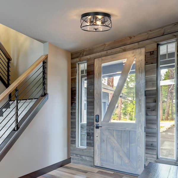 13 in. 3-Light Black Modern Farmhouse Foyer Flush Mount Ceiling Light with Clear Seeded Glass Shade and Cage Frame