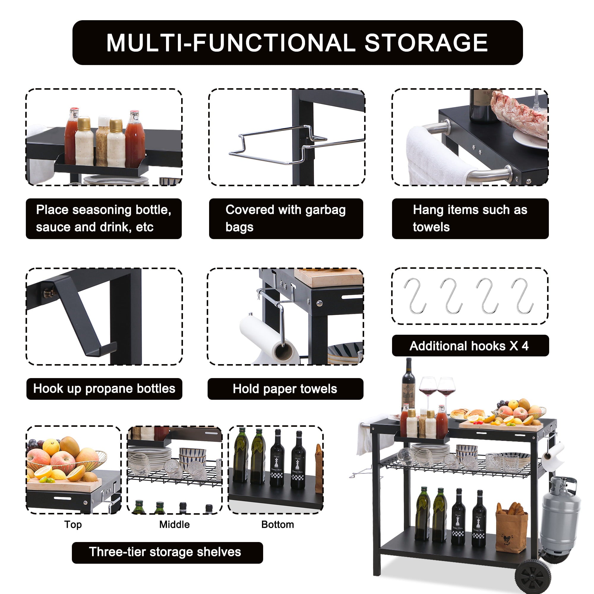 Grill Cart, Pizza Oven Stand, Outdoor bbq Prep Station with Storage, Wheel, Hook, Handle, Black Steel Tabletop, Garbage Bag Holder, Paper Towel Holder, Movable Spice Rack