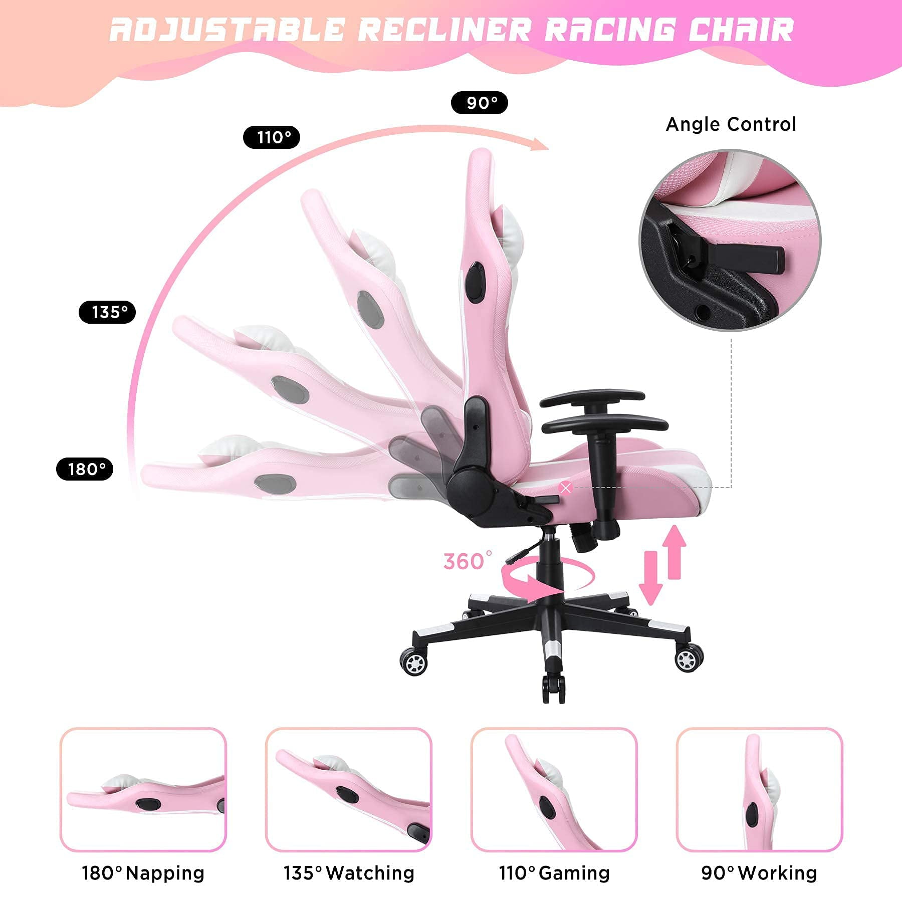 HomeMiYN Gaming Chair with Speakers Video and  RGB LED Lights, Pink PU Leather Ergonomic Racing Office Chair