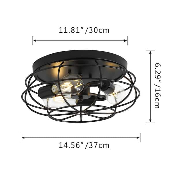 14.6 in. 3-Light Black Farmhouse Vintage Metal Caged Lantern Flush Mount Rustic Drum Ceiling Lighting