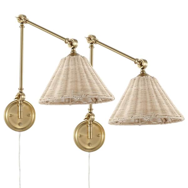 Brass with Rattan Lamp Shade Swing Arm Wall Lamp (Set of 2)